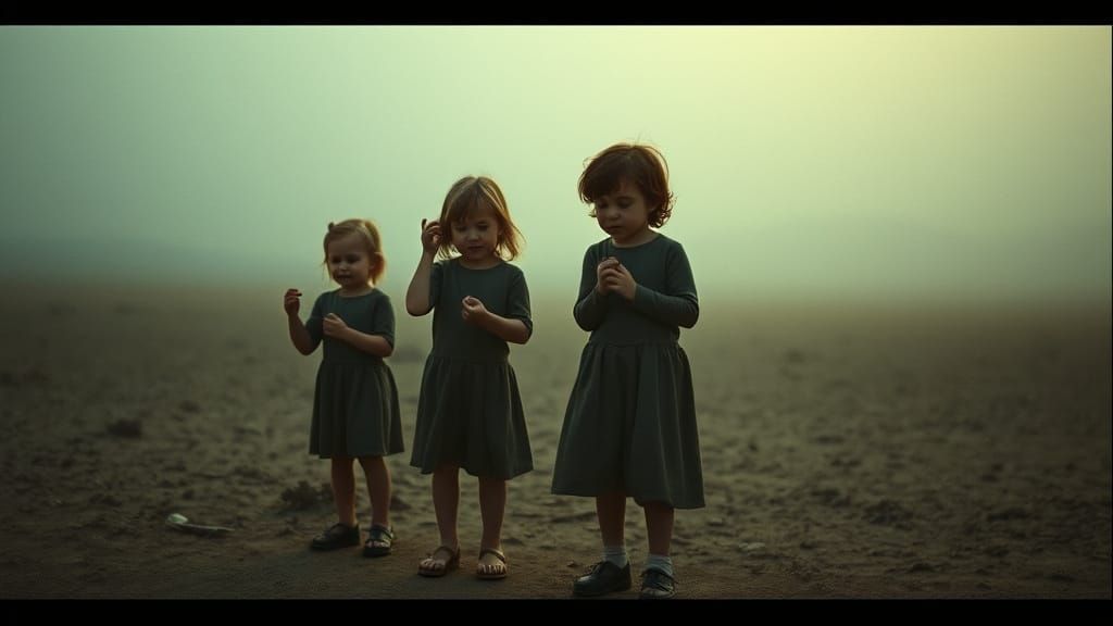 Eerie Children's Game Unfolds in Muted Landscape