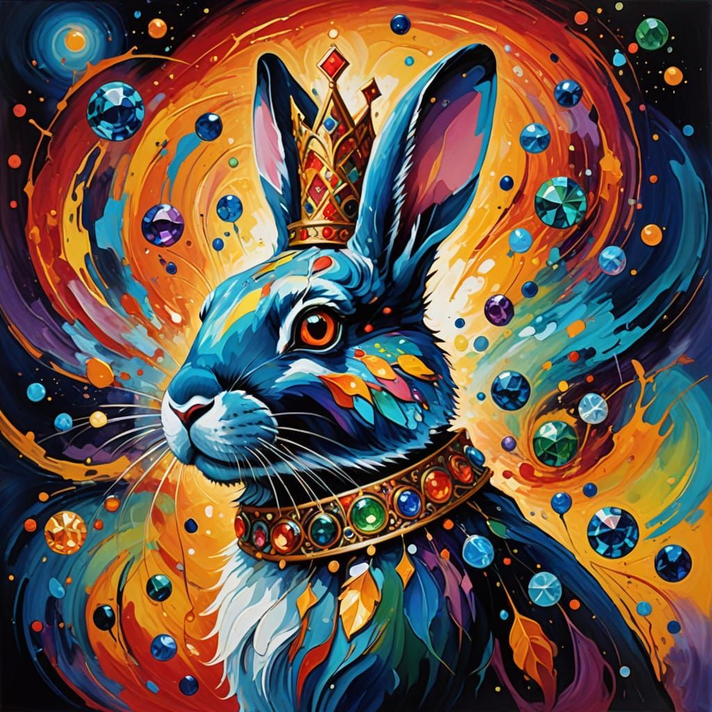 Rabbit King on Glowing Gemstones in Cosmic Vortex