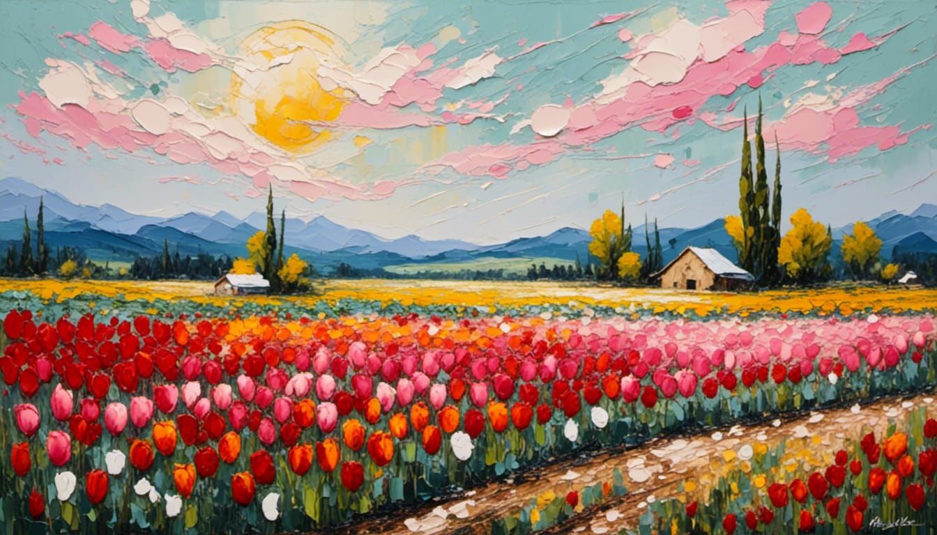 Vibrant Tulip Field in Abstract Impressionist Style