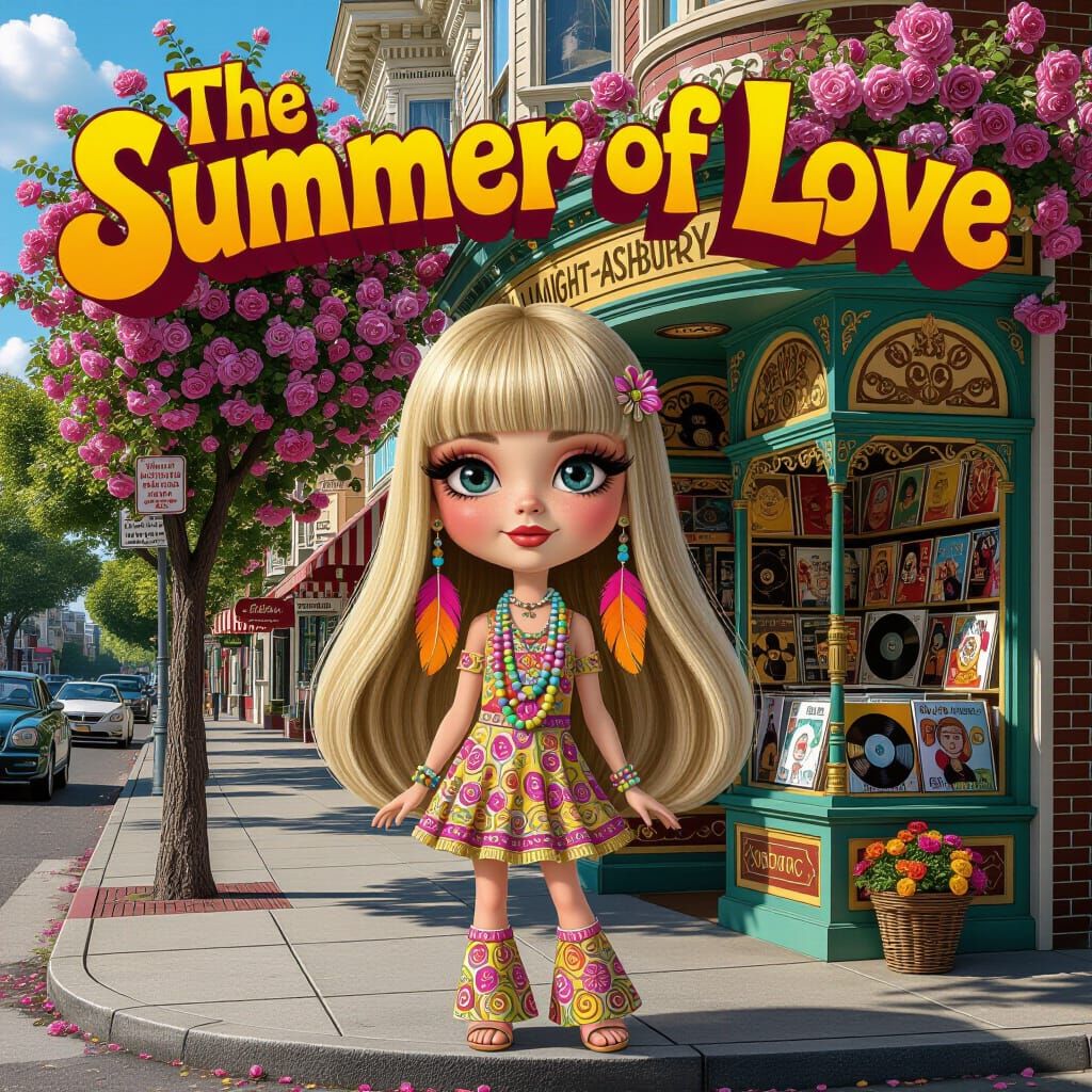 Summer of Love Hippie Chick in 1960s Record Store