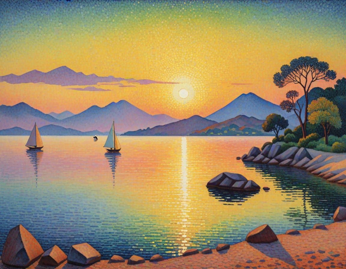 Lake Malawi Sunset in Pointillism Style