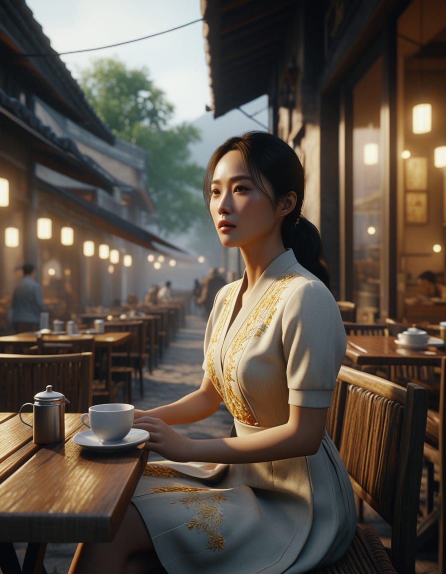 Golden Hour Portrait of Woman at Cafe, Oil on Canvas