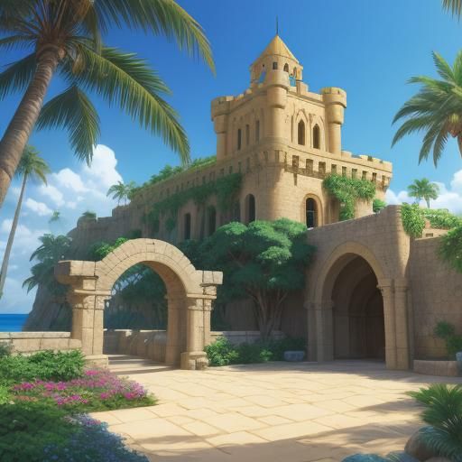 Babylonian Castle Overlooking Tropical Beach, Anime Style