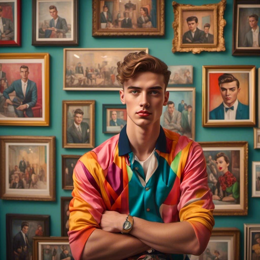 1950s Star Portrait in a Colorful Art Gallery