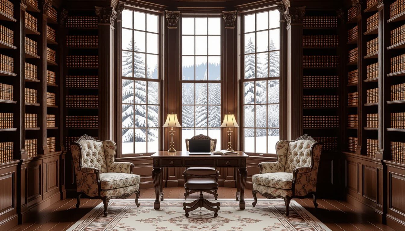 Victorian Library with Snowscape View and Modern Touches