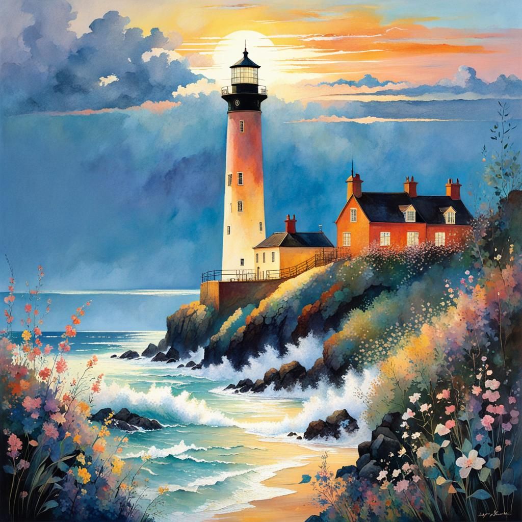 Lighthouse on Flowering Cliff at Sunset, Watercolor Art