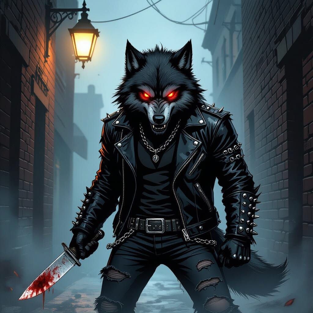 Menacing Wolf in Leather Jacket with Butcher Knife