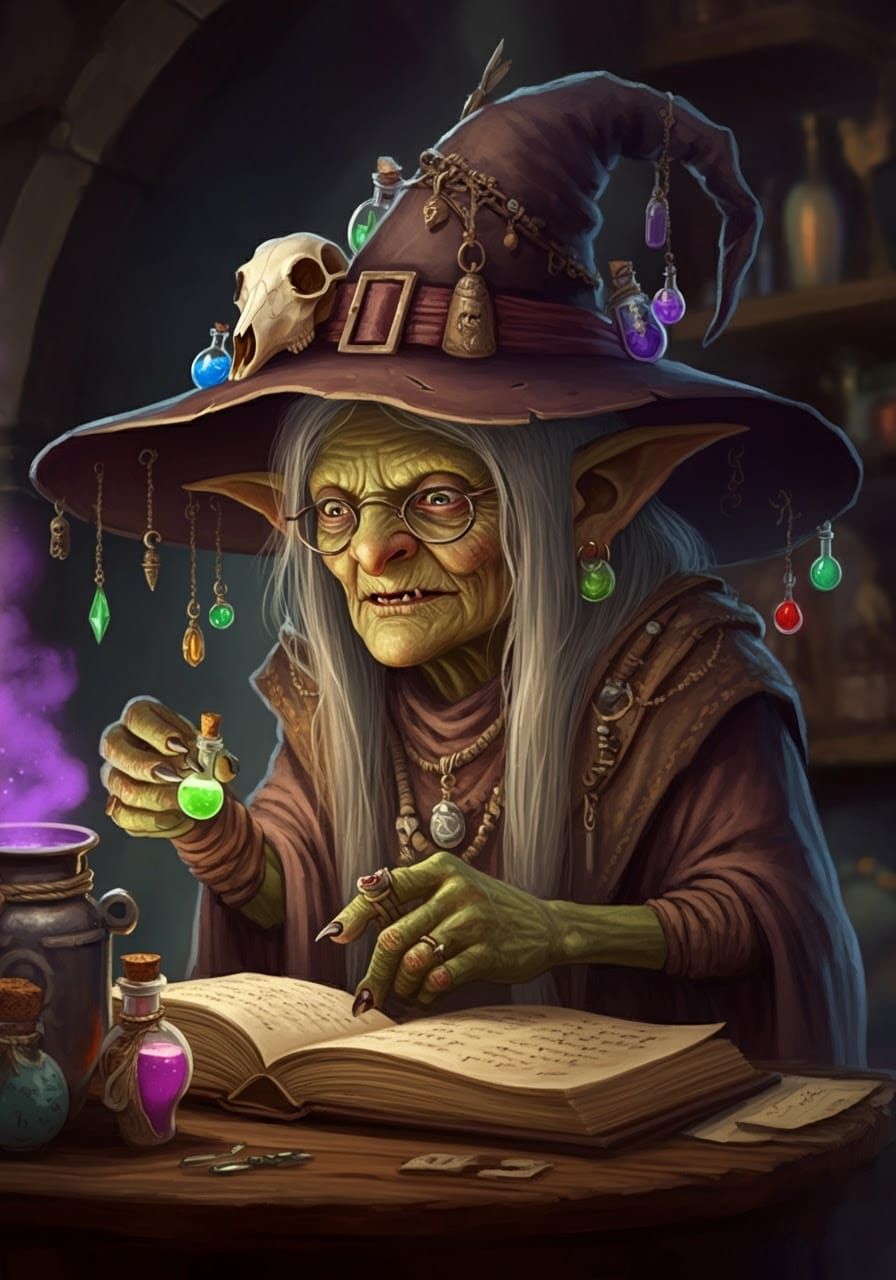Enchanted Witch Brews Potion in Whimsical Fantasy Setting