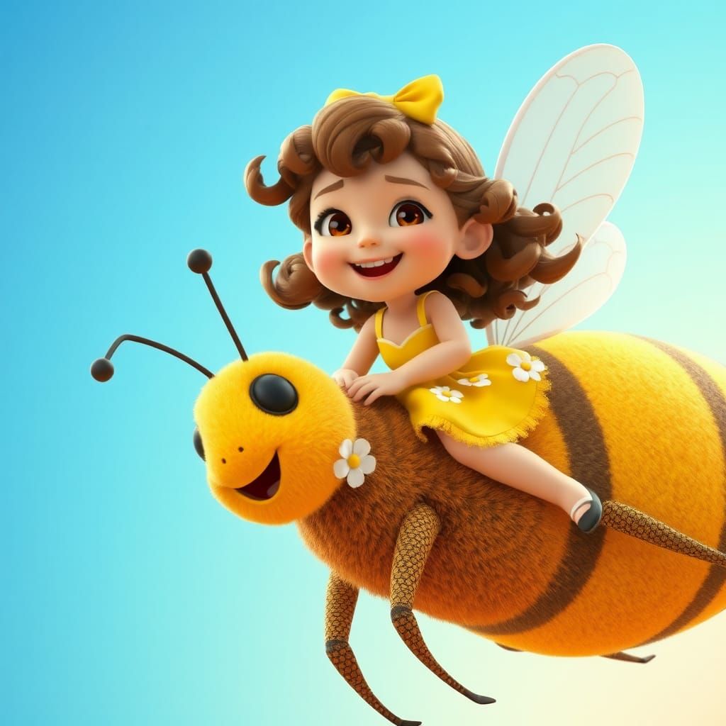 Girl Rides Giant Bee: Pixar-Inspired 3D Art