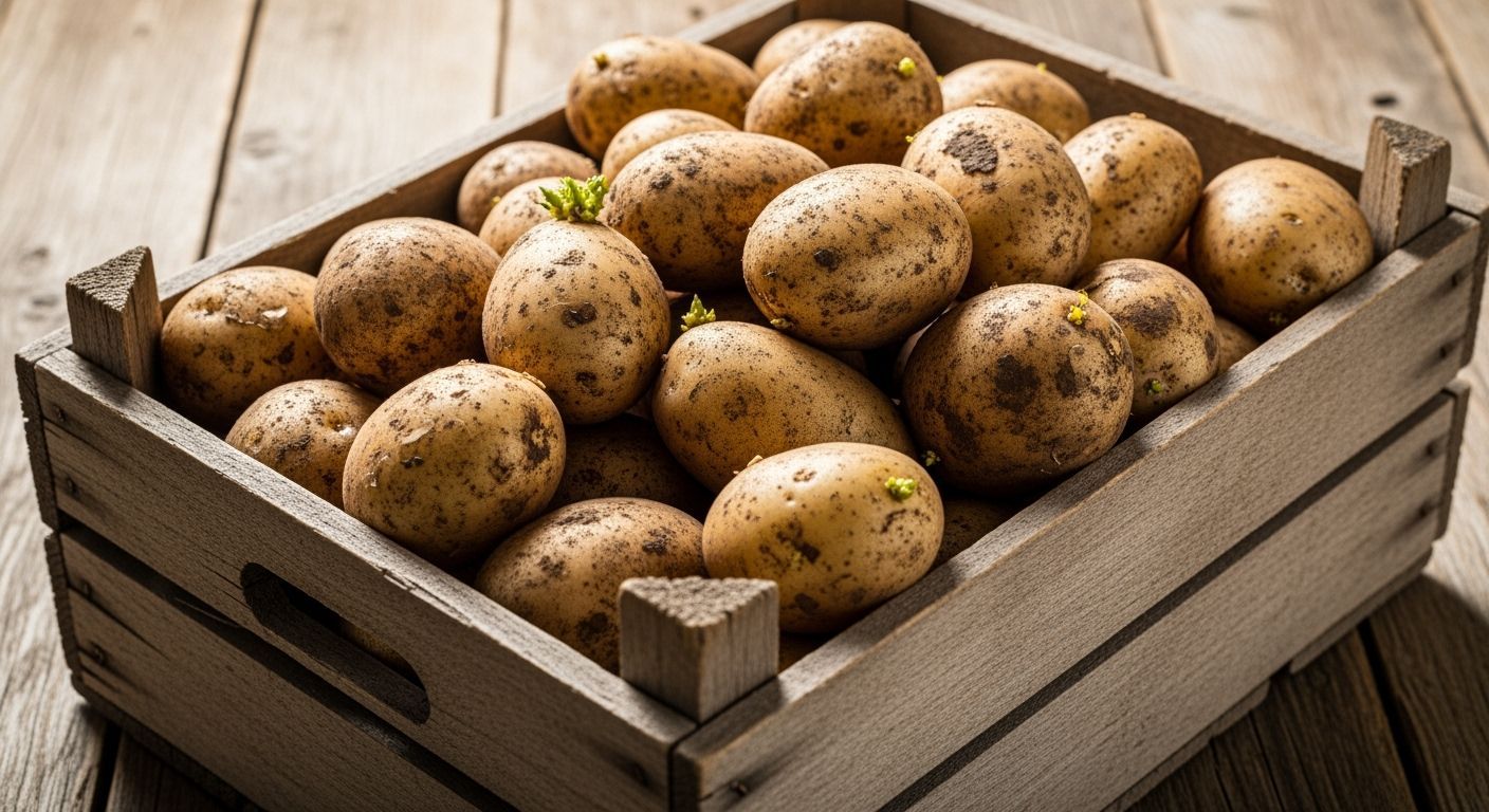 Freshly Harvested Potatoes in Rustic Wooden Crate