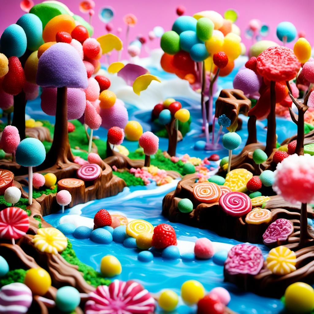 "magical river scene made with variated lovely collage Candy art like "Charlie and the chocolate factory" candyland cine...