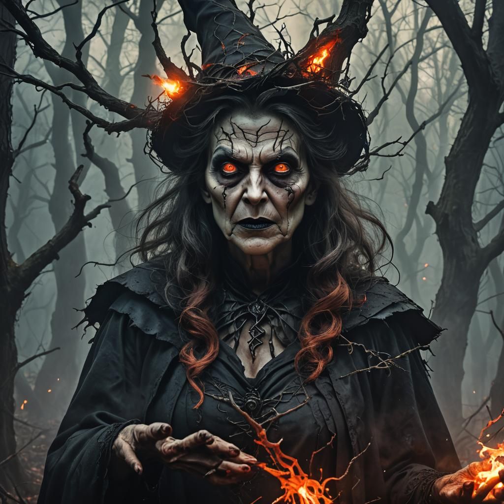 Wicked Witch Casting Dark Spell in Eerie Forest