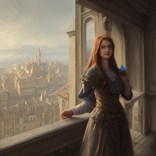 portrait of a slightly smiling lady at the top floor of a castle balcony 4 (the blue gem)