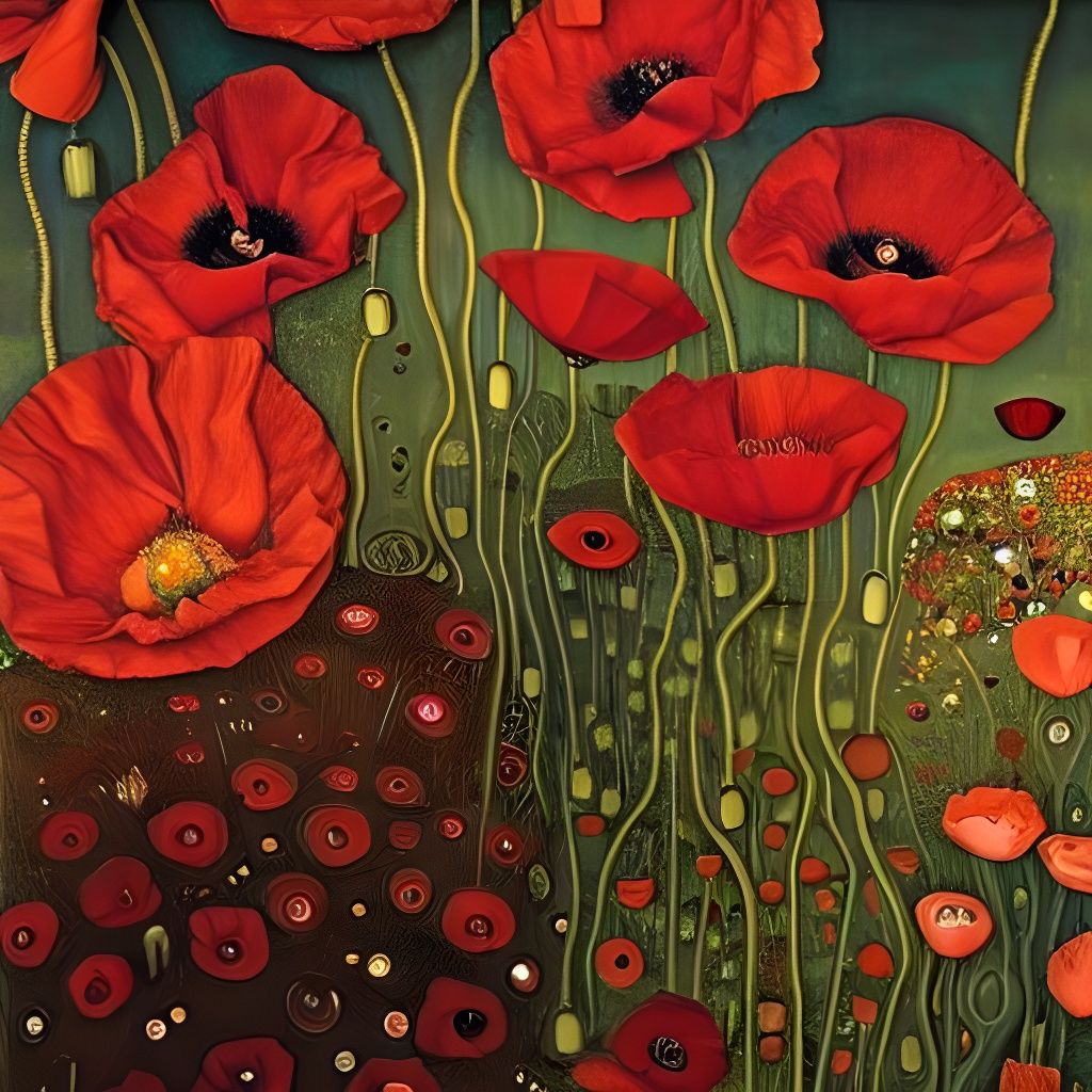 Red Poppies: A Maximalist Art Nouveau Painting