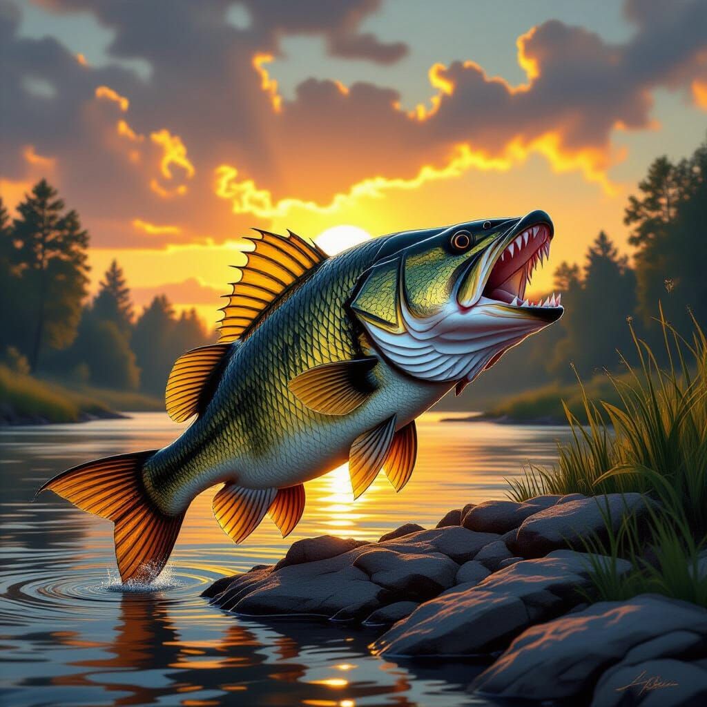 Fantasy Bass-Wolf Creature on Riverbank at Dawn