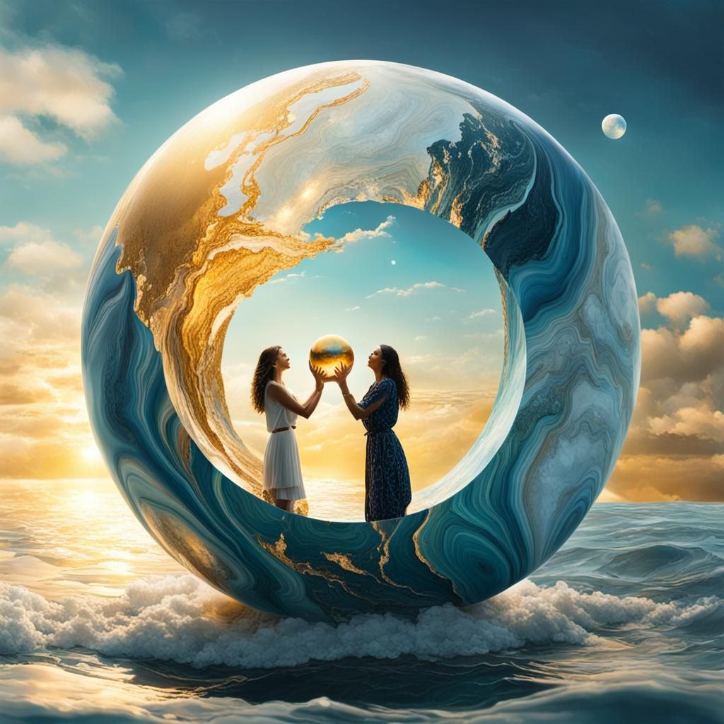 Woman and Girl Embrace in Sky Marble