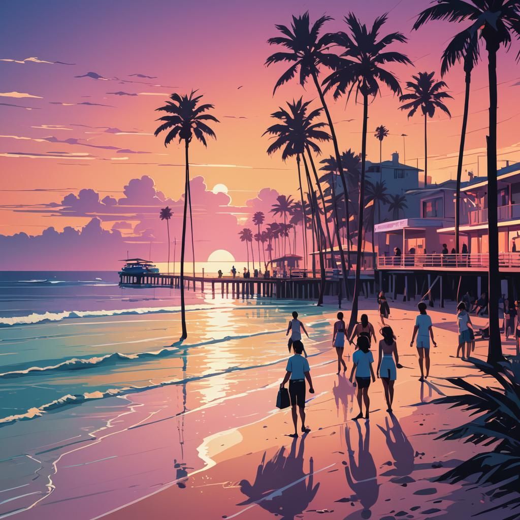 Retro Beach Scene Poster in Synthwave Style