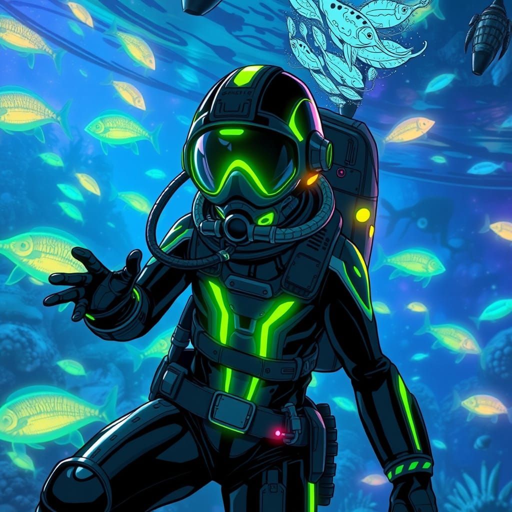 Futuristic Deep Sea Diver in Bioluminescent Habitat