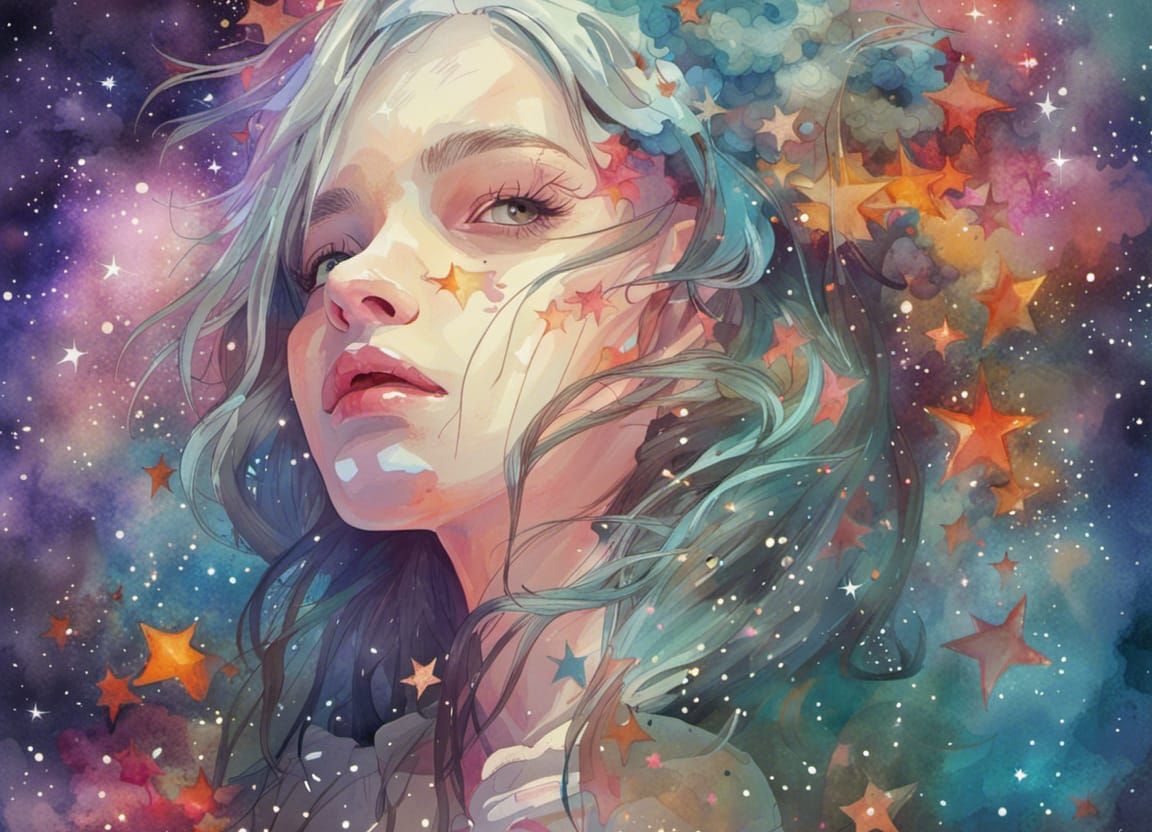 Beautiful Galaxy Woman in Watercolor Style