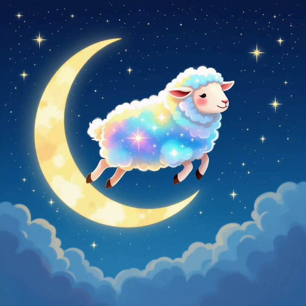 Fluffy Sheep Jumps Over Moon in Starry Wool