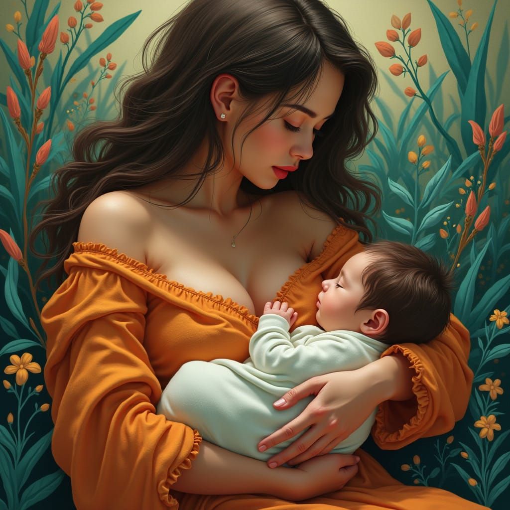 Mother and Newborn in Vibrant, Fantastical World