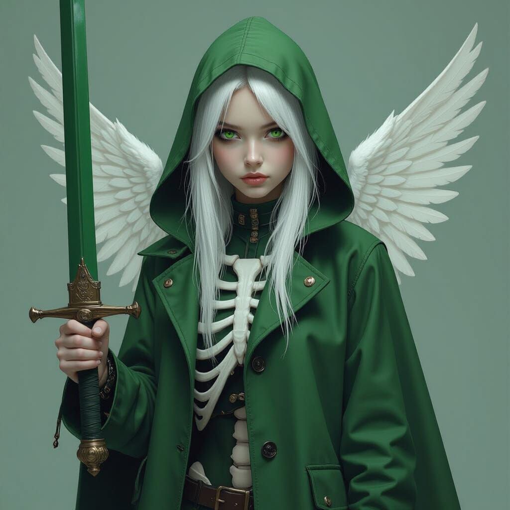 Teenage Girl with Green Sword and White Wings