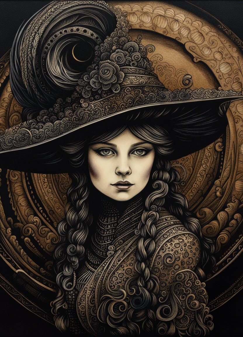 Whimsical Witch Portrait in Ink Painting Style