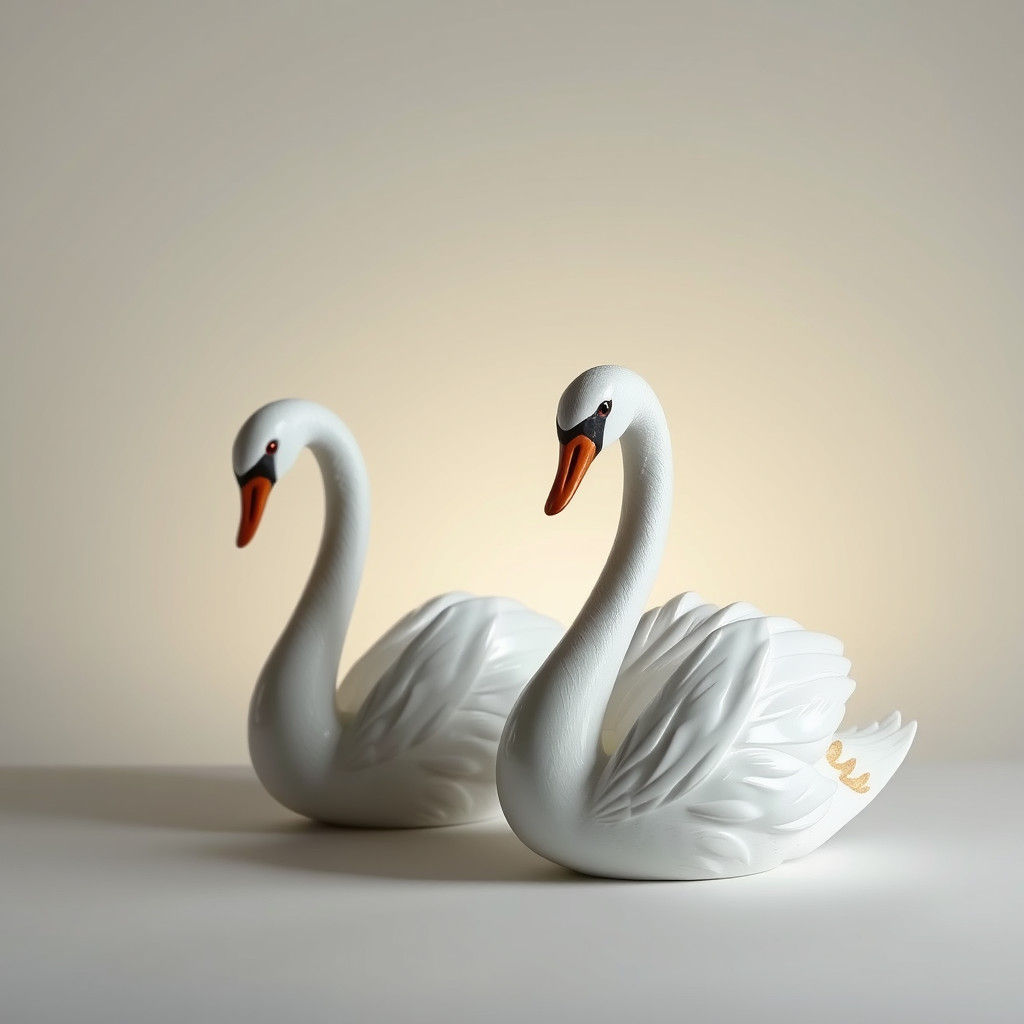 Ceramic Swans with Golden Accents in Hyperrealistic Style