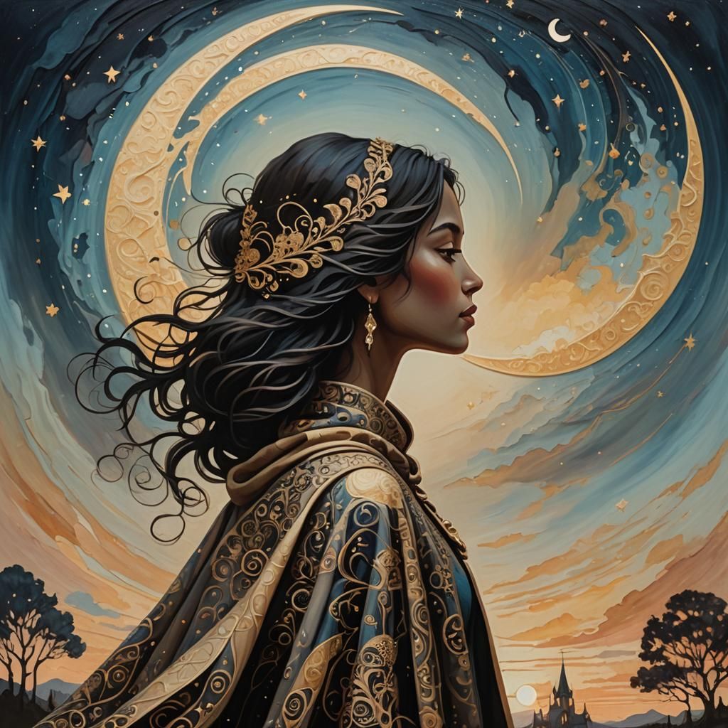 Woman Walks to Crescent Moon: Fairytale Art Nouveau