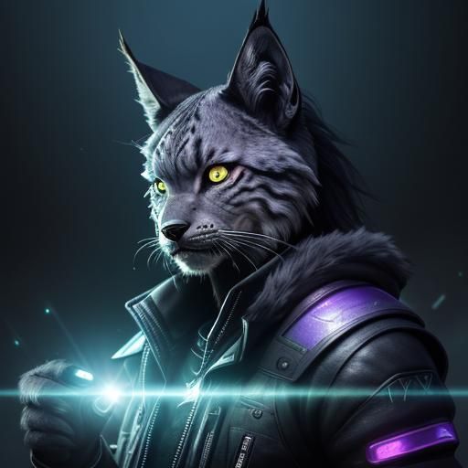 Black Lynx with Purple Eyes in Cyberpunk Style