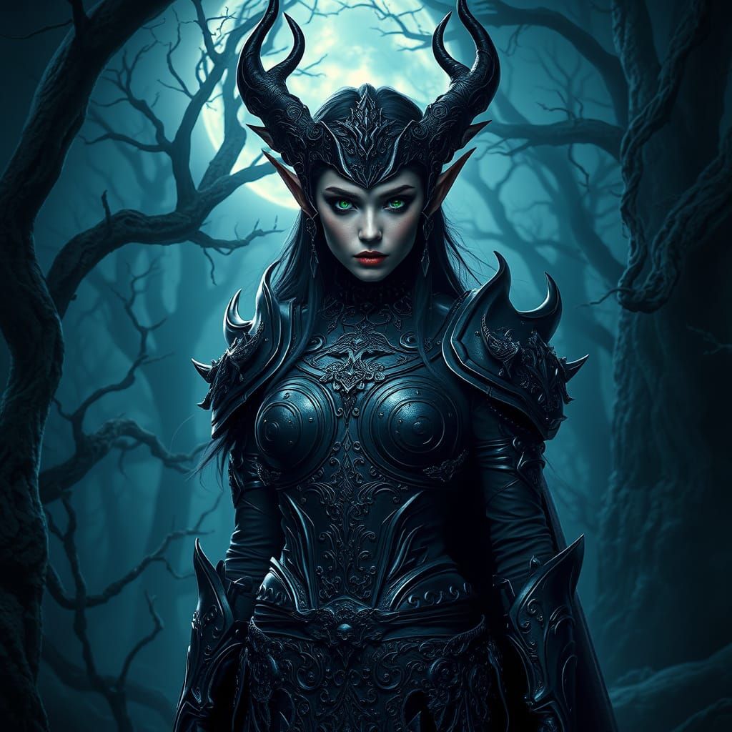 Dark Elf Warrior Princess in Moonlit Forest