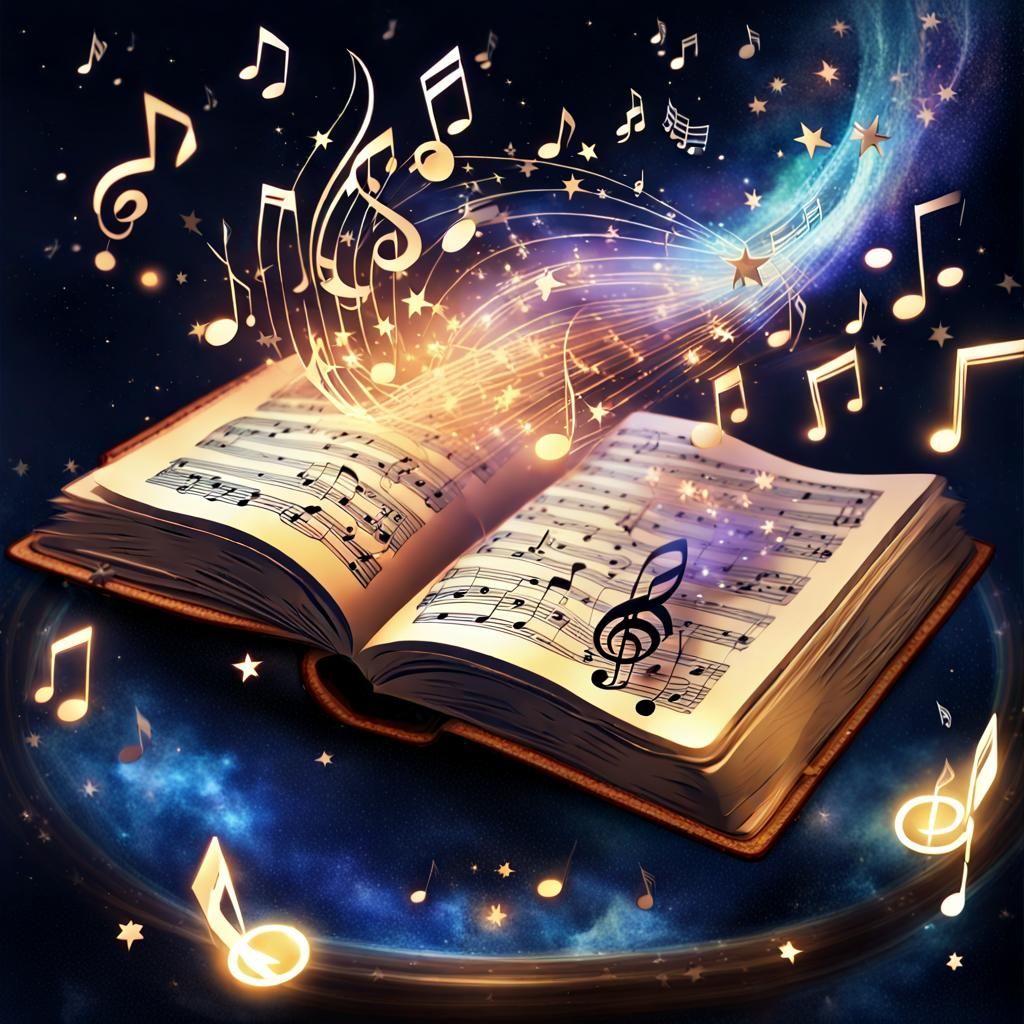 Musical Notes Emerge from Open Book in Digital Art