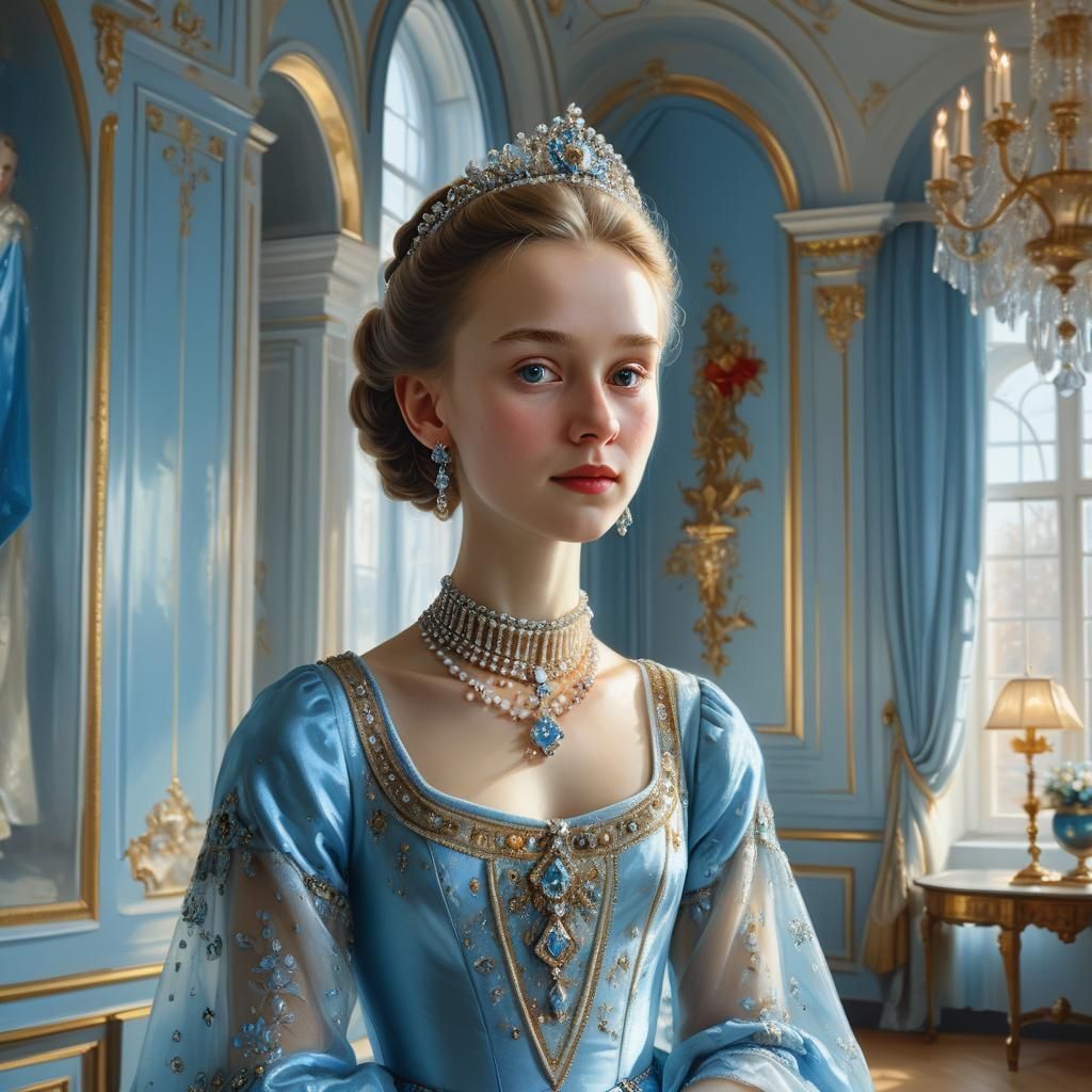 Russian Princess in Lavish Ballroom, Oil Portrait
