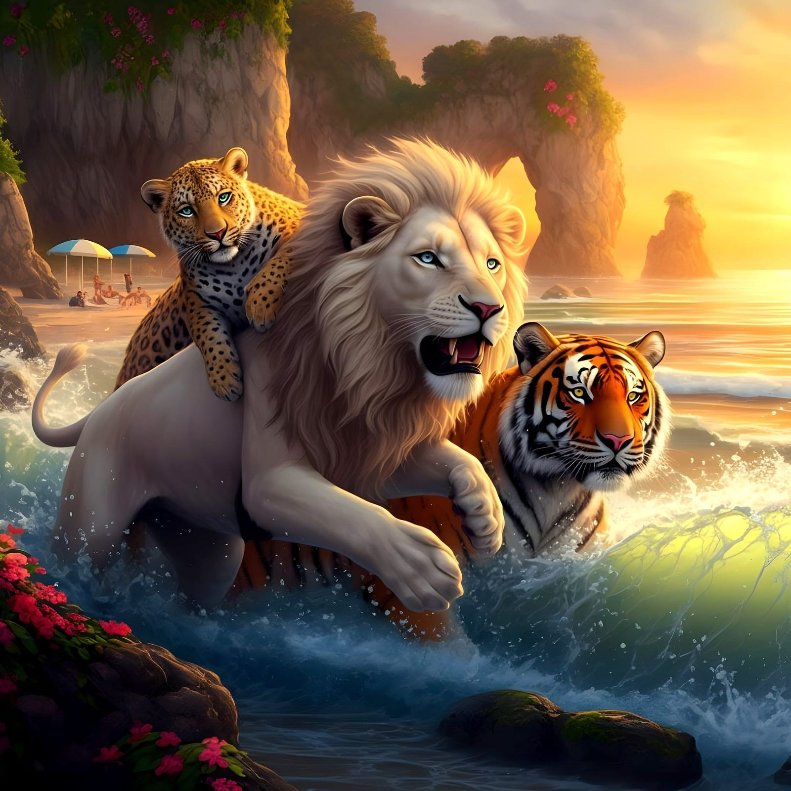 Lions, Leopards, and Tigers Unite in Vibrant Beachside Scene