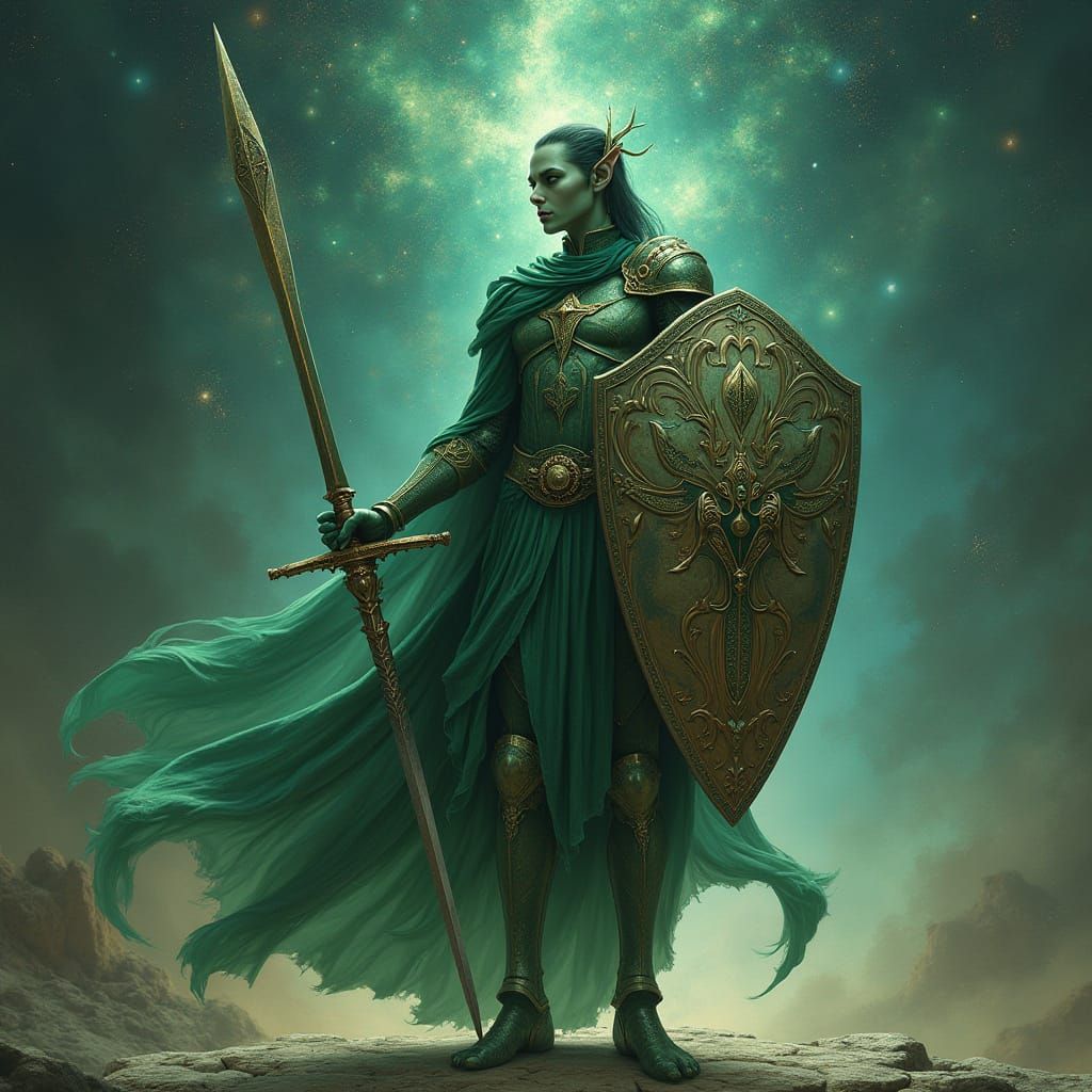Ethereal Space Elf Cleric in Emerald Armor