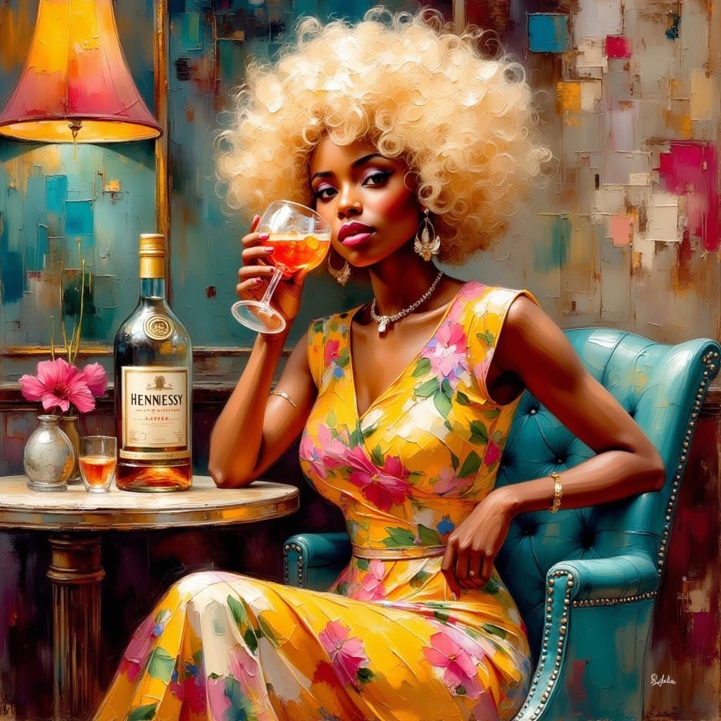 confident Black woman with voluminous blonde afro enjoying a drink at a café, Hennessy bottle, bold colors, retro vibes,...