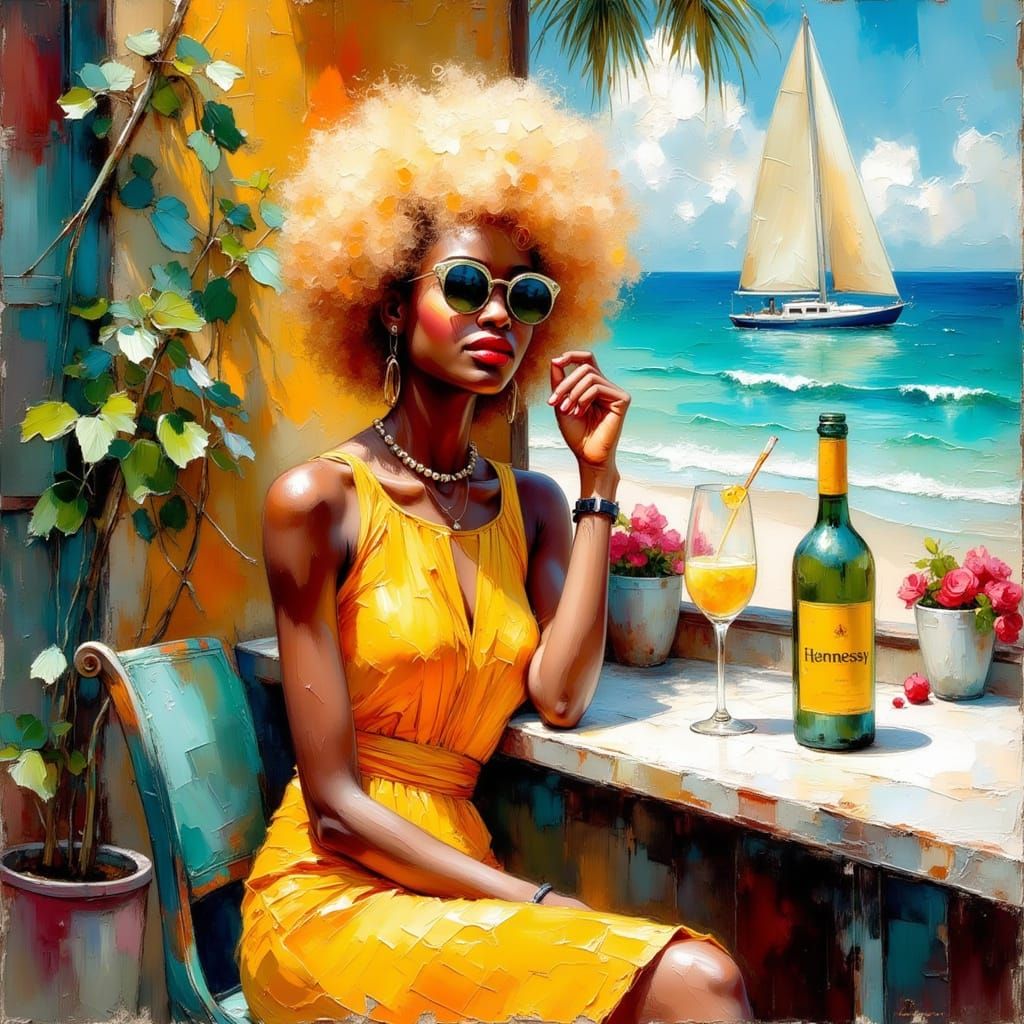 confident Black woman with voluminous blonde afro enjoying a drink at a café, Hennessy bottle, bold colors, retro vibes,...