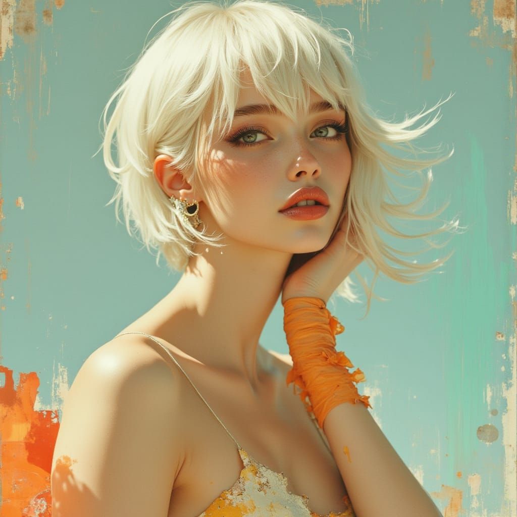 Expressive Woman with White Hair and Neon Eyes