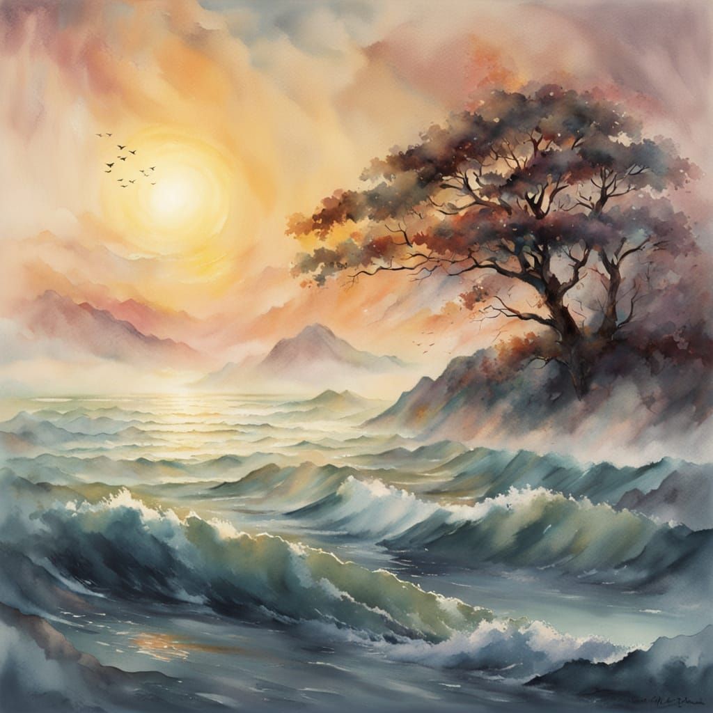 Ethereal Fantasy Watercolour Sunrise Over the Sea