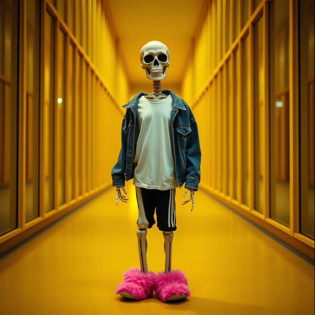 Goofy Skeleton in Vintage-Style Hallway