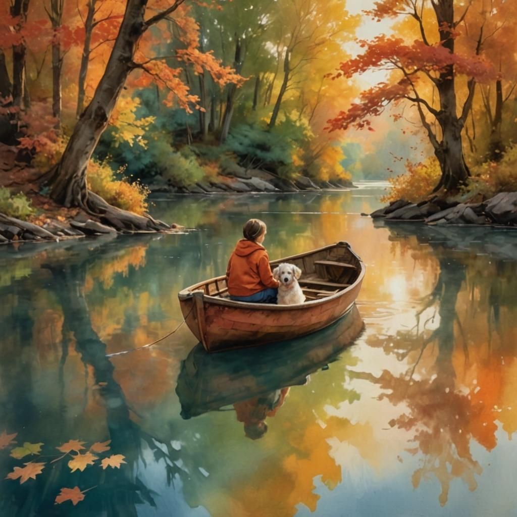 Child and Dog in Boat: Expressive Autumnal Painting