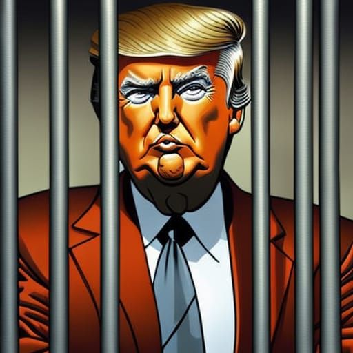 Sinister Caricature: Man in Orange Jumpsuit Behind Bars