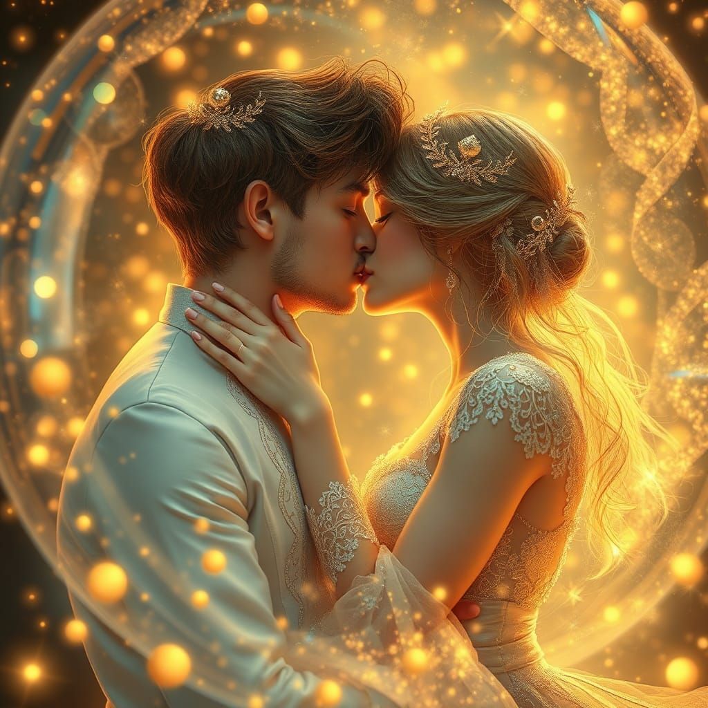 Romantic Kiss in Hyperrealism with Holographic Effects