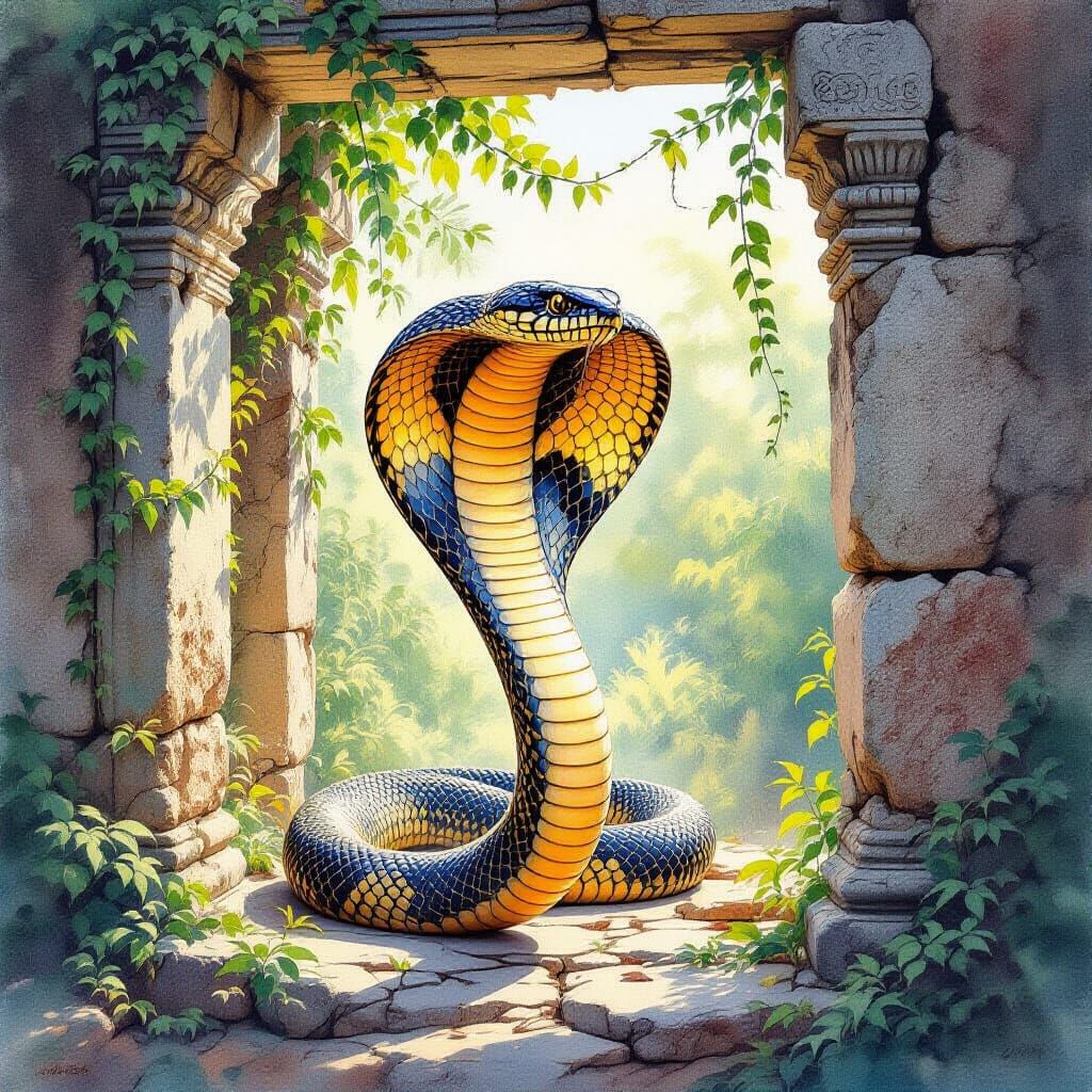 King Cobra Strikes at Temple Ruins in Watercolor Style