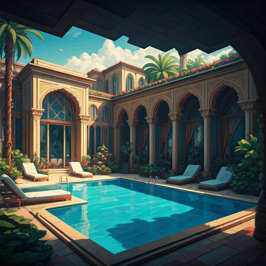 Vibrant Cubist Villa Pool Scene with Luxurious Art Deco Flai...