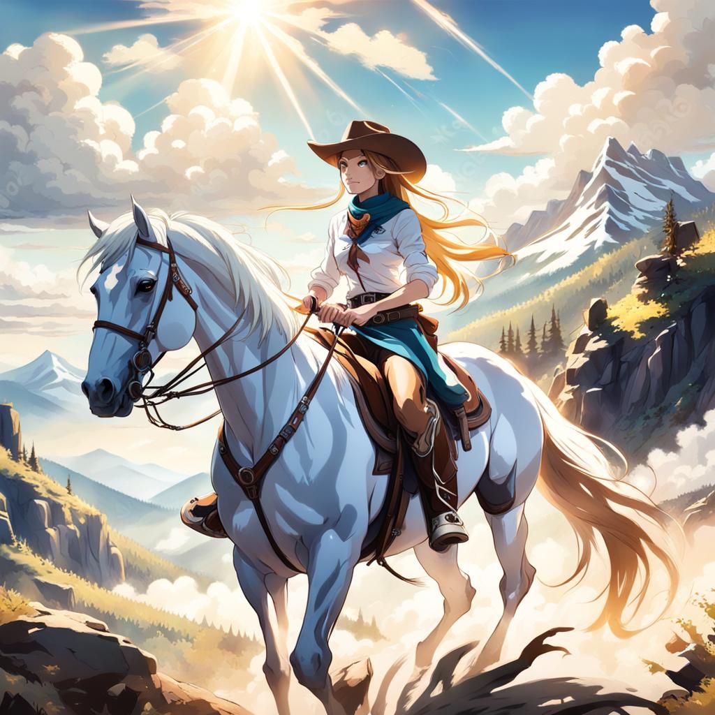 Anime Cowgirl on Pinto Horse in Mountains