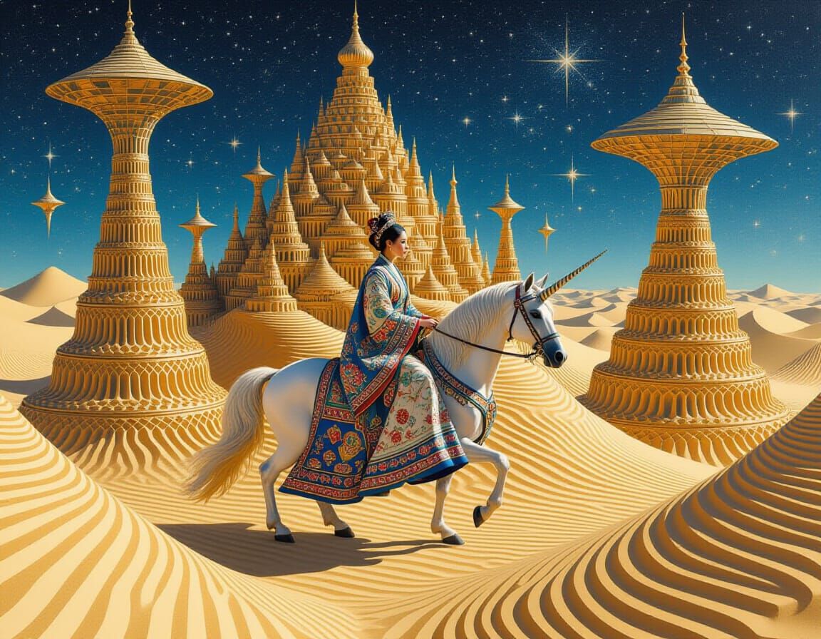 Woman Rides Unicorn Through Surreal Sand City