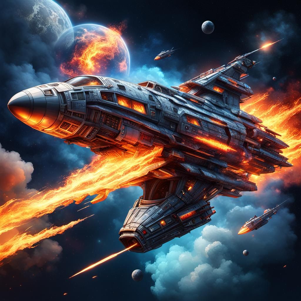 Fiery Spaceship in Hyperrealistic Rendering