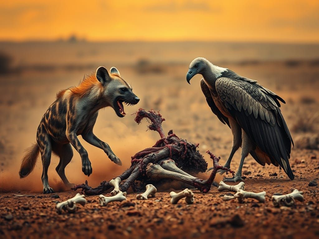 Hyena vs Vulture: Scorched Savannah Standoff