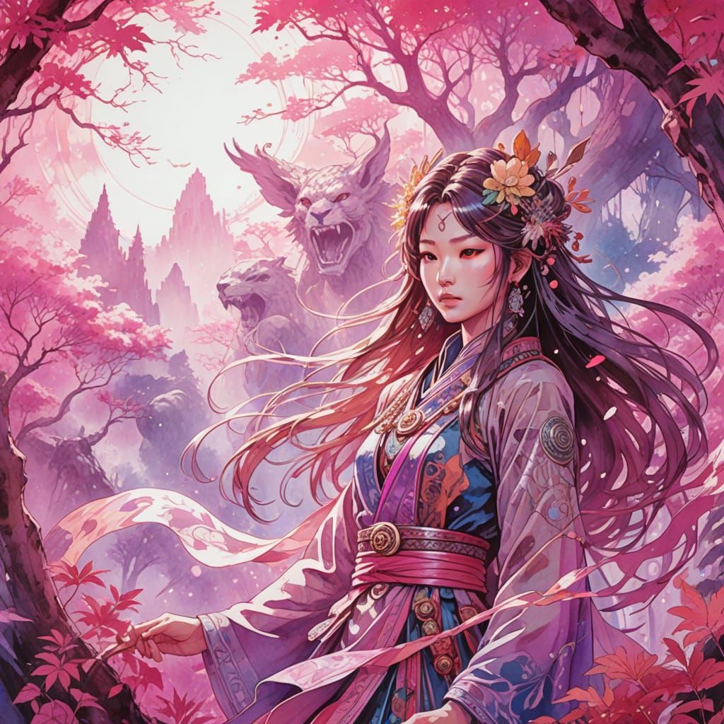 Asian Shaman in Enchanted Forest, Psychedelic Watercolor Art